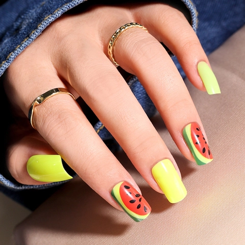 Summer Watermelon Pattern Press On Nails Fluorescent Green Square Fake Nails Plastic Detachable Reusable Manicure DIY