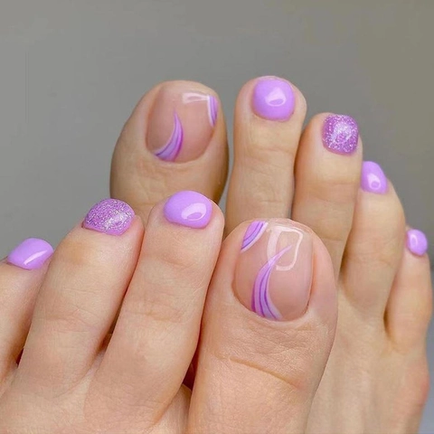 Purple Toe Press On Nails Glitter Marble Design Full Cover Square Fake Toenails Fashionable Foot Decoration For Women