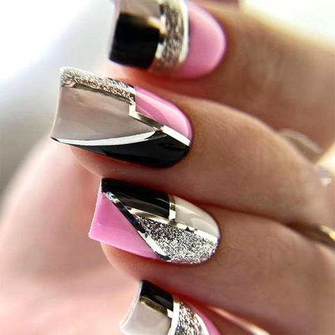 Press On Nails BKS1842 Black Pink Geometric Square Shape Glitter False Nails Reusable With Jelly Glue And File For Women