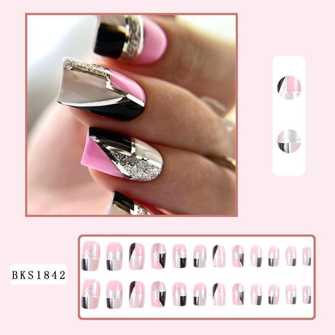 Press On Nails BKS1842 Black Pink Geometric Square Shape Glitter False Nails Reusable With Jelly Glue And File For Women