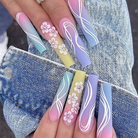 Unghie Finte Lunghe Coffin 3D Fiore Camelia Strass Francese Macaron Sfumato DIY Manicure Artificiale Donne