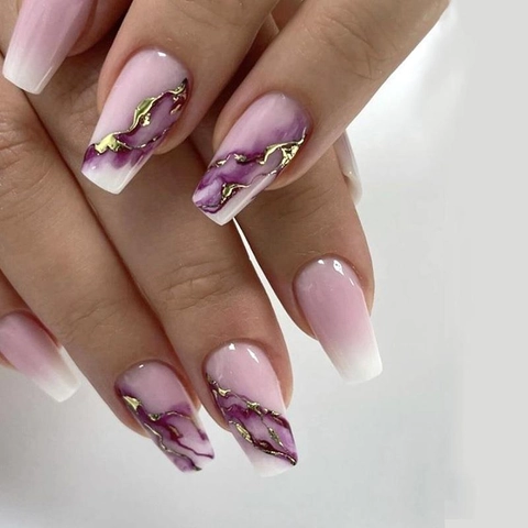 Uñas Postizas De Presión Ombré Mármol Morado Ataúd Uñas Largas Con Decoración De Pan De Oro Manicura DIY Para Mujeres