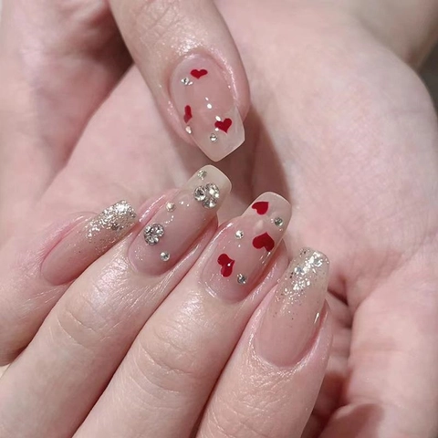 Press On Nails With Red Heart Pattern And Silver Rhinestone Glitter Gradient Nude Pink Ballerina Shape Artificial Fingernails