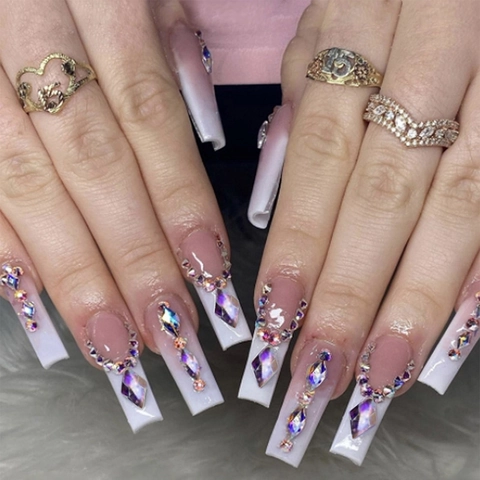 Extra Long Coffin Press On Nails Ombre Pink White French Tip Luxury Rhinestone Sparkly Artificial Fake Nails For Women