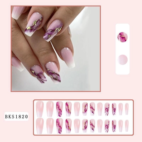 Uñas Postizas De Presión Ombré Mármol Morado Ataúd Uñas Largas Con Decoración De Pan De Oro Manicura DIY Para Mujeres