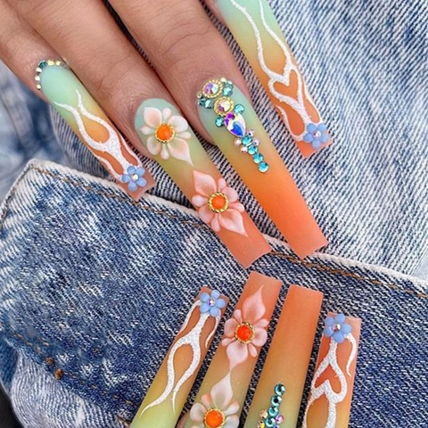 Lange Coffin Aufpressnägel Farbverlauf Minzgrün Orange Flamme 3D Blume Straßstein Herzmuster Maniküre Für Damen