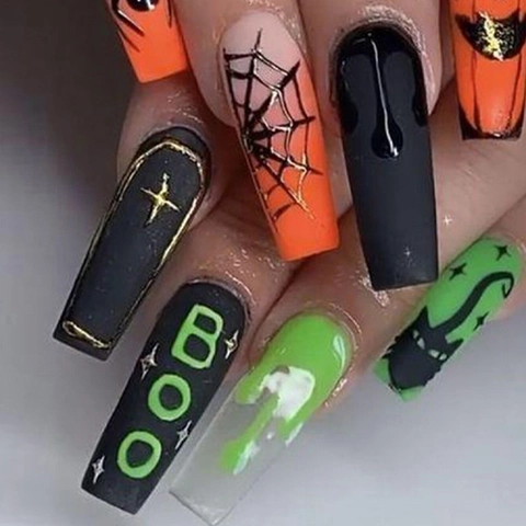 Unghie Finte Halloween Forma Bara Lunga Ragnatela Zucca Gatto Nero Verde Neon Arancione Nero Unghie Artificiali Festa
