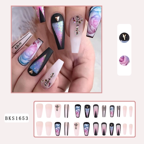Press On Nägel Lange Sargform Bunte Französische Rose Marmor Textur Matte Oberfläche Strass Dekorationen Für Damen