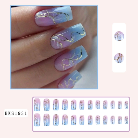 Press On Nails Pink Blue Gradient Marble Pattern Gold Lines Square Oval False Nails Reusable Manicure For Women