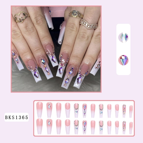 Extra Long Coffin Press On Nails Ombre Pink White French Tip Luxury Rhinestone Sparkly Artificial Fake Nails For Women