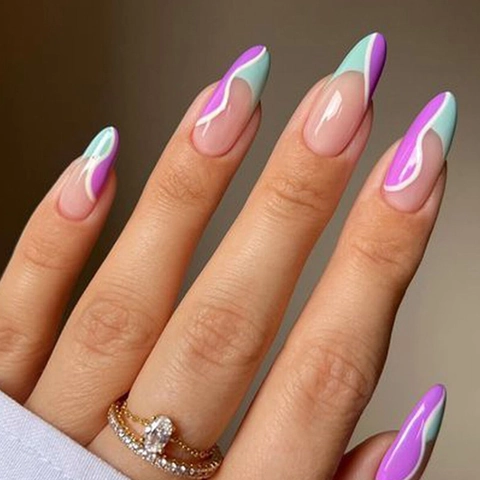 French Press On Nails Blue Purple Abstract Wave Almond Shape Artificial Fake Nails With Jelly Glue And File For Women
