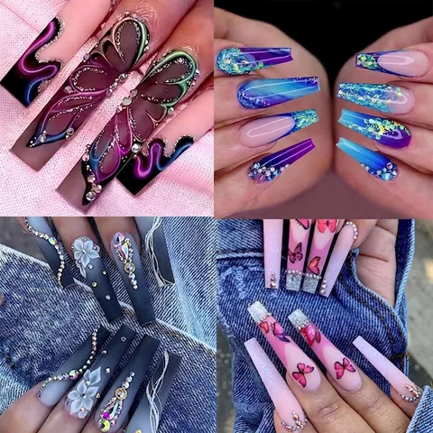 Long Coffin Press On Nails Rhinestone Butterfly Ombre French Design Artificial Fake Nails Luxury Manicure For Women