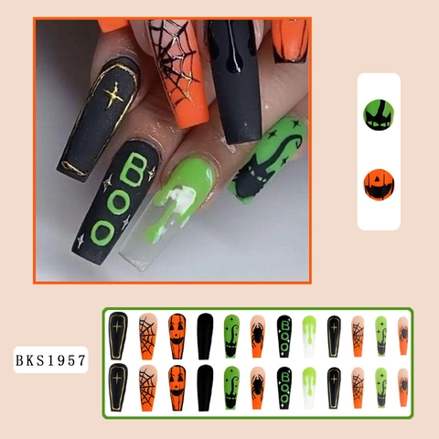 Unghie Finte Halloween Forma Bara Lunga Ragnatela Zucca Gatto Nero Verde Neon Arancione Nero Unghie Artificiali Festa