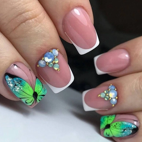 French Style Press On Nails Butterfly Pattern Rhinestone Glossy Square Shape False Nails For Women Fashion