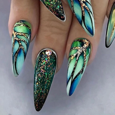 Press On Nägel Kunststoff Lang Mandel Stiletto Form Französisch Bunte Welle Leopard Schmetterling Design Für Frauen