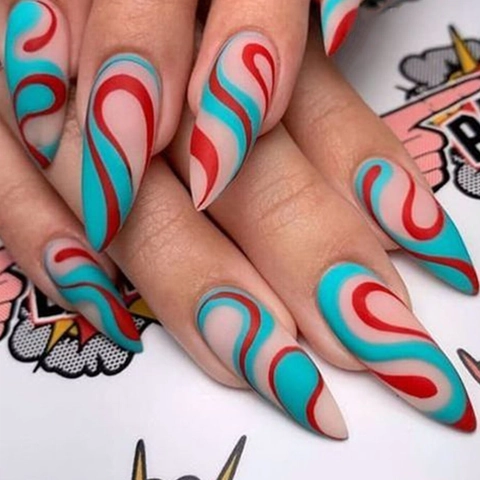Künstliche Nägel Zum Aufkleben Mandelform Bunte Wirbel Wellenlinien Französischer Stil Pop Art Kunstnägel Damen