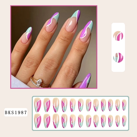 French Press On Nails Blue Purple Abstract Wave Almond Shape Artificial Fake Nails With Jelly Glue And File For Women