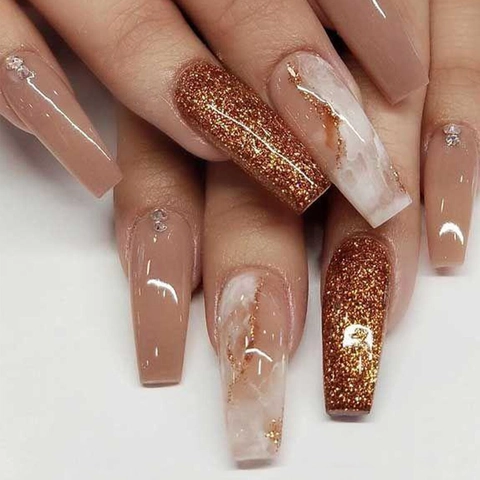 Lange Coffin Press On Nagels Marmerpatroon Glitter Rhinestone Kunstnagels Elegante Manicure Voor Vrouwen