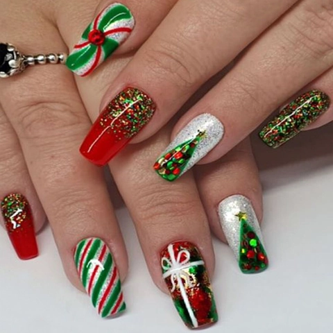 Weihnachts-Aufpressnägel Sargform Glänzend Künstliche Fingernägel Rot Grün Glitzer Zuckerstange Baum Designs Damen