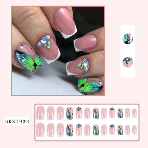 French Style Press On Nails Butterfly Pattern Rhinestone Glossy Square Shape False Nails For Women Fashion