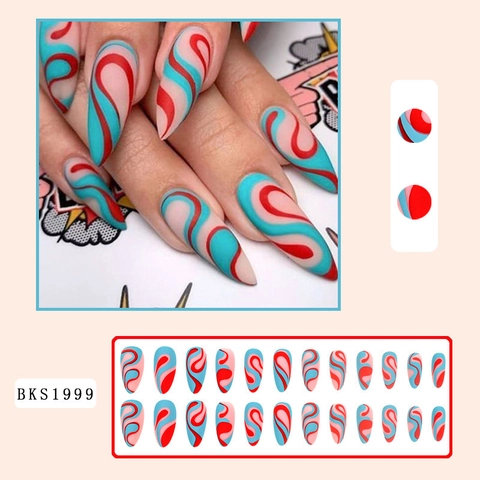 Künstliche Nägel Zum Aufkleben Mandelform Bunte Wirbel Wellenlinien Französischer Stil Pop Art Kunstnägel Damen
