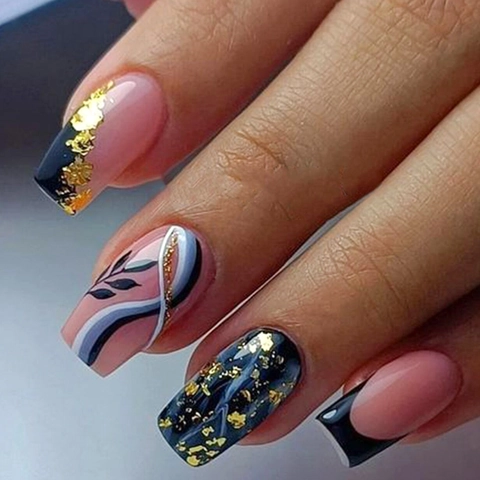 Unghie Finte Coffin French Tip Foglia Oro Design Marmo Rosa Nero Blu Sfumato Manicure Artificiale Elegante Donna