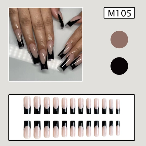 Uñas Postizas Francesas Con Puntas Negras Press On Nails Cuadradas Largas Color Rosa Nude Brillante