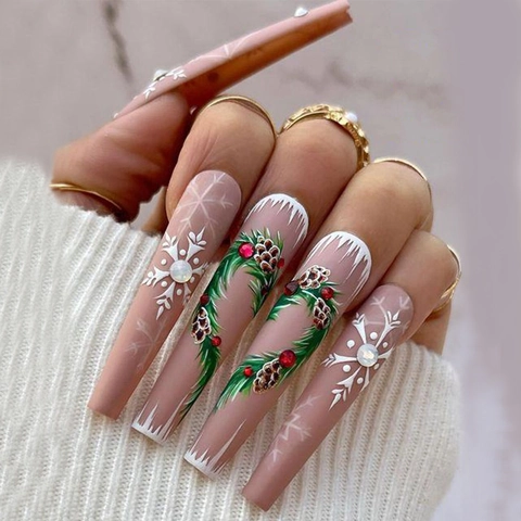 Long Coffin Press On Nails Christmas Snowflake Rhinestone Artificial False Nail Art For Women Winter Holiday Decor