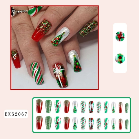 Weihnachts-Aufpressnägel Sargform Glänzend Künstliche Fingernägel Rot Grün Glitzer Zuckerstange Baum Designs Damen