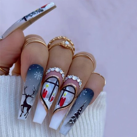 Ongles À Presser De Noël Forme Cercueil Long Avec Motifs De Renne Flocons De Neige Et Décor En Strass Manucure Pour Femmes