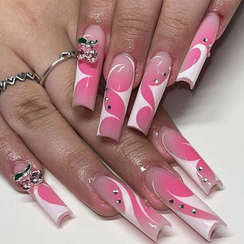Coffin Press On Nails Pink White Swirl Gradient Design With 3D Rhinestone Cherry Charms Artificial Nails For Women