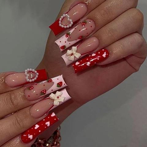 Uñas Postizas Press On Nails Ballerina Larga Diseño Fresa Corazón Francés Decoración Lazo Perla Artificial Rojo Rosa