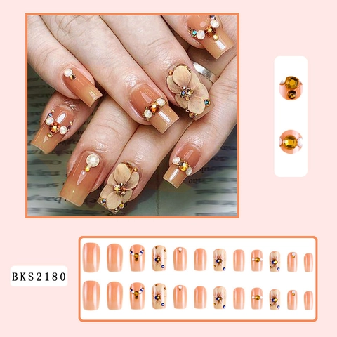 Medium Square Press On Nails Apricot Gradient With 3D Relief Flowers Rhinestones Artificial Pearls Fake Nails For Women