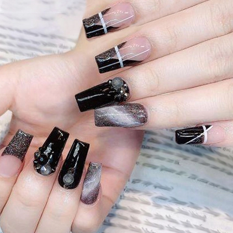 Faux Ongles Cercueil Noir Et Rose Motif Marbre Chat Oeil Paillettes Strass French Tip Ongles Artificiels Élégants
