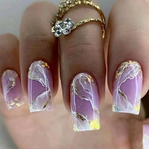 Lavender Purple Marble Press On Nails With Gold Foil Gradient Shell Texture Square Fake Nails For Women