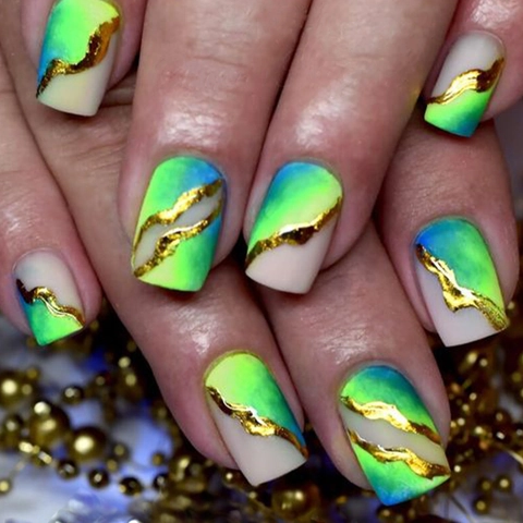 Gradient Fluorescent Green Gold Edge Press On Nails Square Round Glossy Abstract Marble Style False Nails