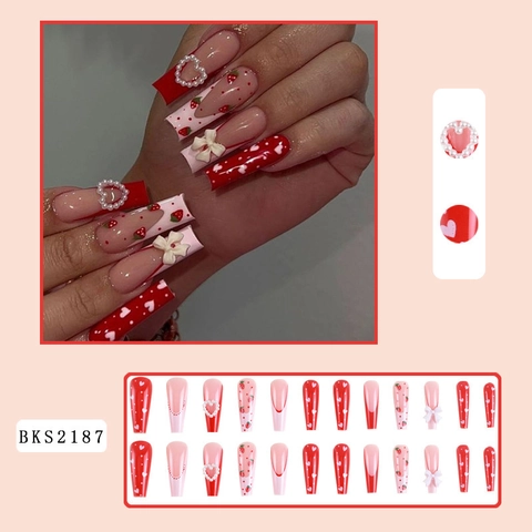 Uñas Postizas Press On Nails Ballerina Larga Diseño Fresa Corazón Francés Decoración Lazo Perla Artificial Rojo Rosa