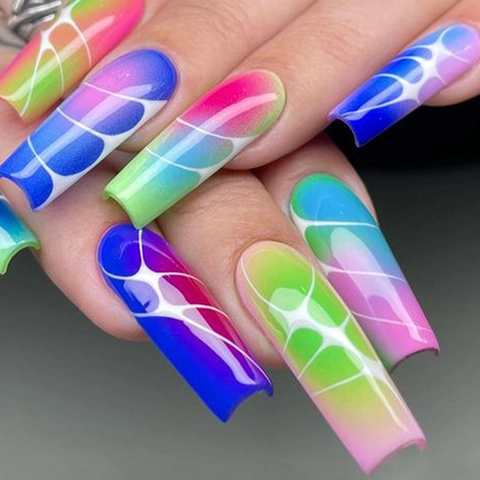 Long Square Press On Nails Gradient Colorful Smudge Artificial False Nails With White Web Pattern DIY Manicure For Women