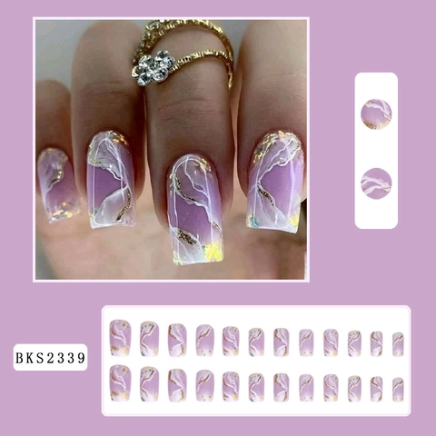Lavender Purple Marble Press On Nails With Gold Foil Gradient Shell Texture Square Fake Nails For Women