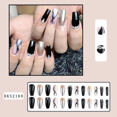 Press On Nails Black Marble Silver Metallic Coffin Long False Nails Rhinestone Artificial Fingernails For Women Chic