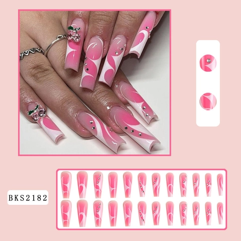Coffin Press On Nails Pink White Swirl Gradient Design With 3D Rhinestone Cherry Charms Artificial Nails For Women
