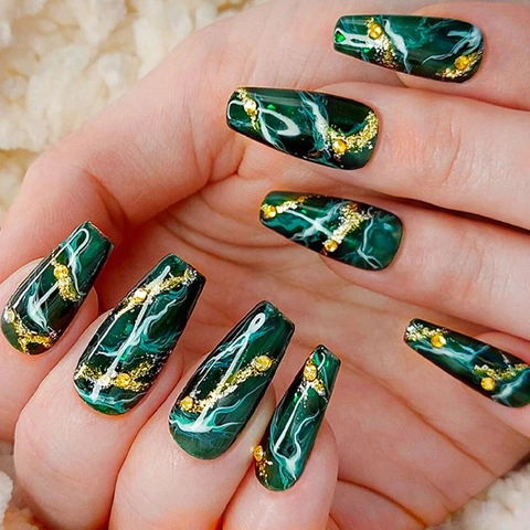 Dark Green Marble Long Coffin Press On Nails With Gold Foil And Rhinestone Artificial False Nails Fashion Manicure Decor