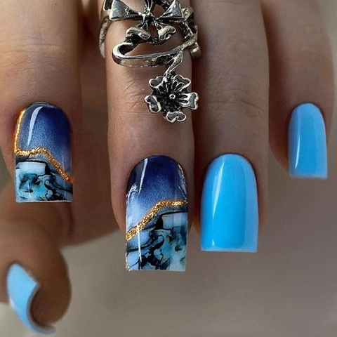 Blue Marble Ink Smudge Press On Nails Square Fake Nail Tips Gold Foil Lines Full Cover Artificial Fingernails For Women