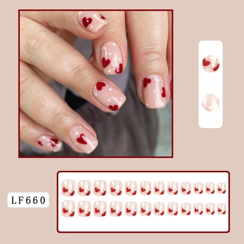 Press On Nails Short Square Round Nude Pink Glossy With Red Heart White Polka Dot Sweet Style For Women Girls
