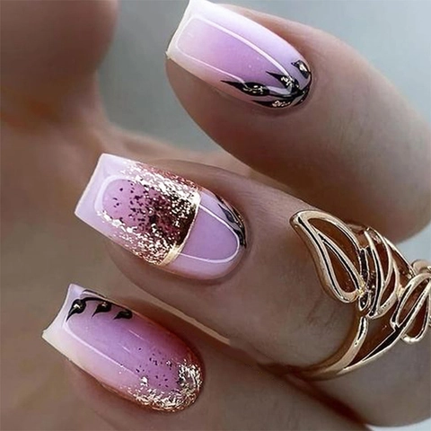 Elegant Press On Nails Gold Foil Leaf Pattern Pink Purple Gradient Sweet Cool Almond Style False Nails For Women