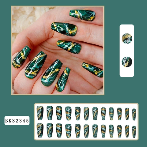 Dark Green Marble Long Coffin Press On Nails With Gold Foil And Rhinestone Artificial False Nails Fashion Manicure Decor