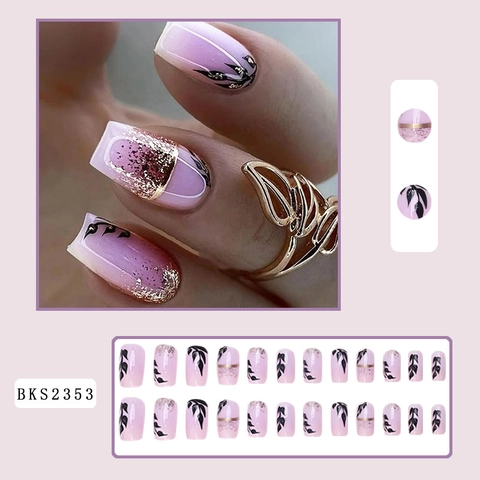 Elegant Press On Nails Gold Foil Leaf Pattern Pink Purple Gradient Sweet Cool Almond Style False Nails For Women
