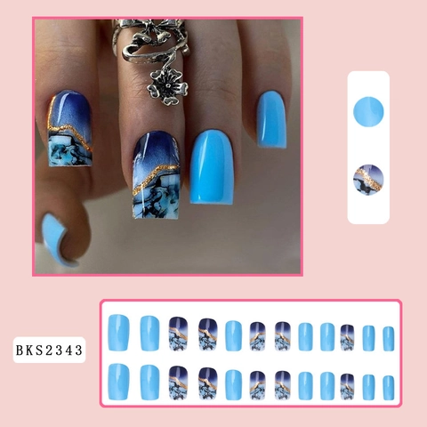 Blue Marble Ink Smudge Press On Nails Square Fake Nail Tips Gold Foil Lines Full Cover Artificial Fingernails For Women