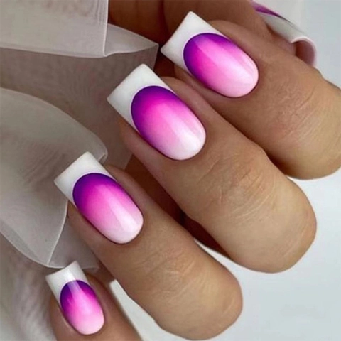 Unghie Finte Press On Sfumate Viola Rosa Lucido Stile Francese Forma Bara Manicure Elegante Per Donne