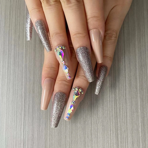 Uñas Postizas Largas Coffin Con Purpurina Plateada Y Pedrería Lujo Rosa Nude Brillantes Para Mujer Fiesta